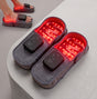 LumaSlips Red Light Therapy Slippers worn on feet, red LED panel illuminated
