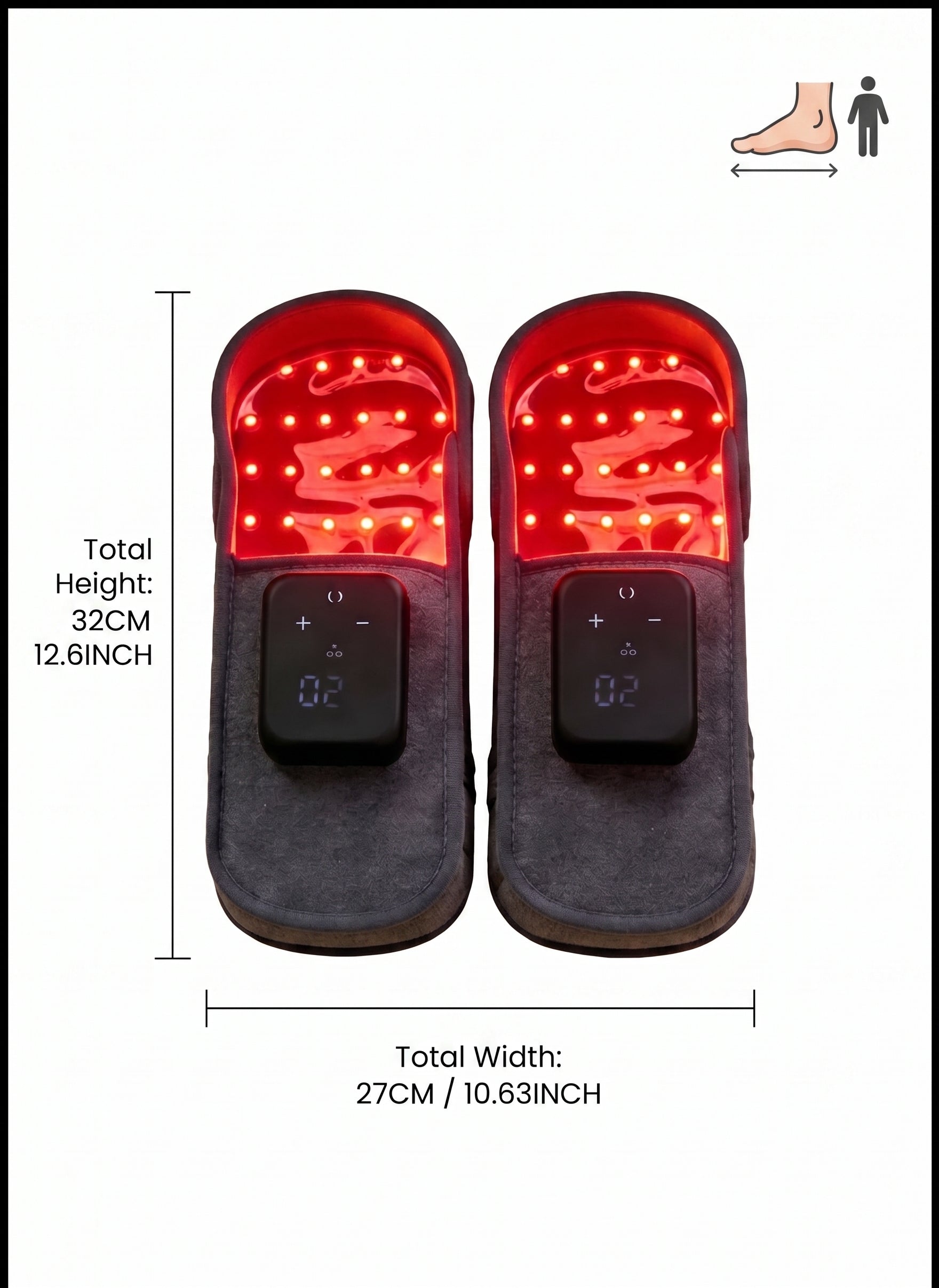 LumaSole Red Light Therapy Slippers dimensions — 32cm height, 27cm width